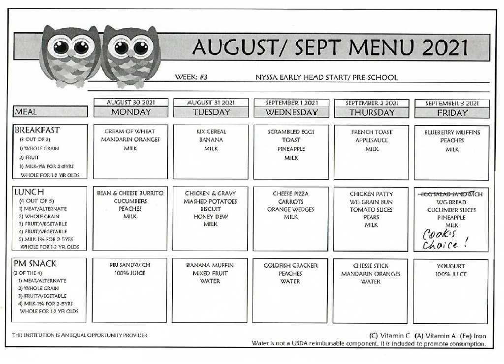 Menu for August 30-Sept 3